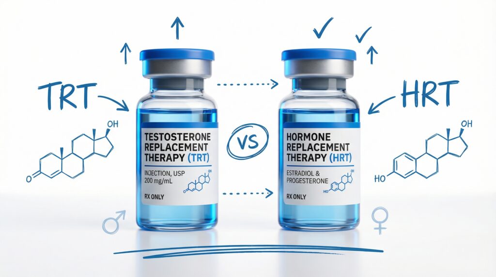 TRT vs HRT comparison - testosterone and hormone replacement therapy vials with molecular structures